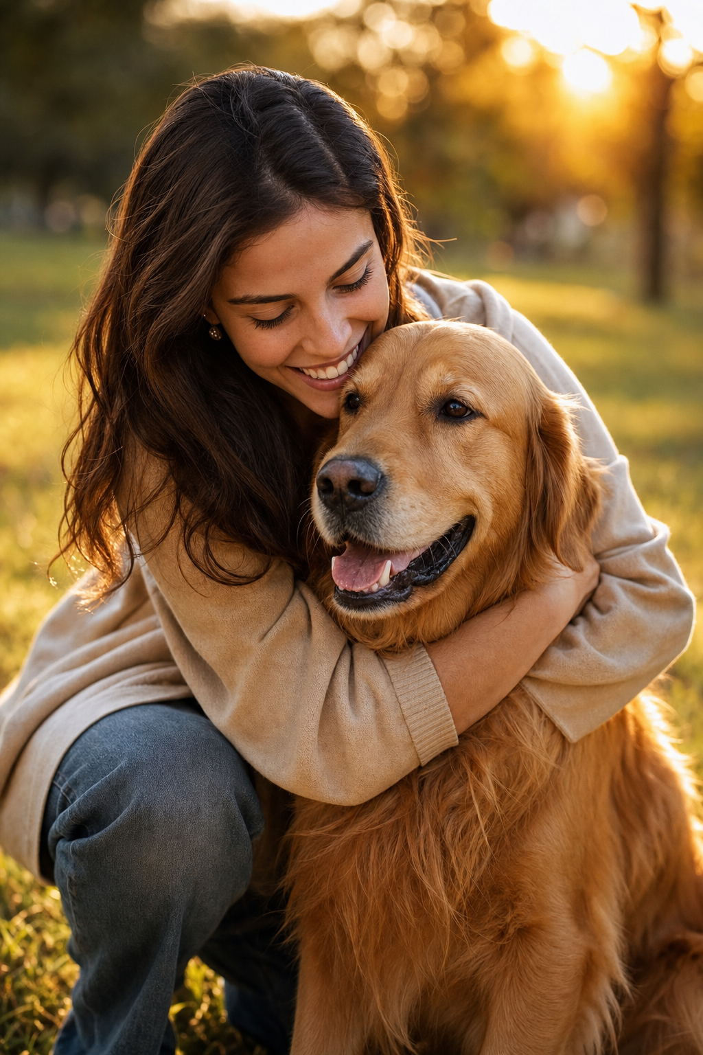 Tutora abraçando seu golden retriever no parque